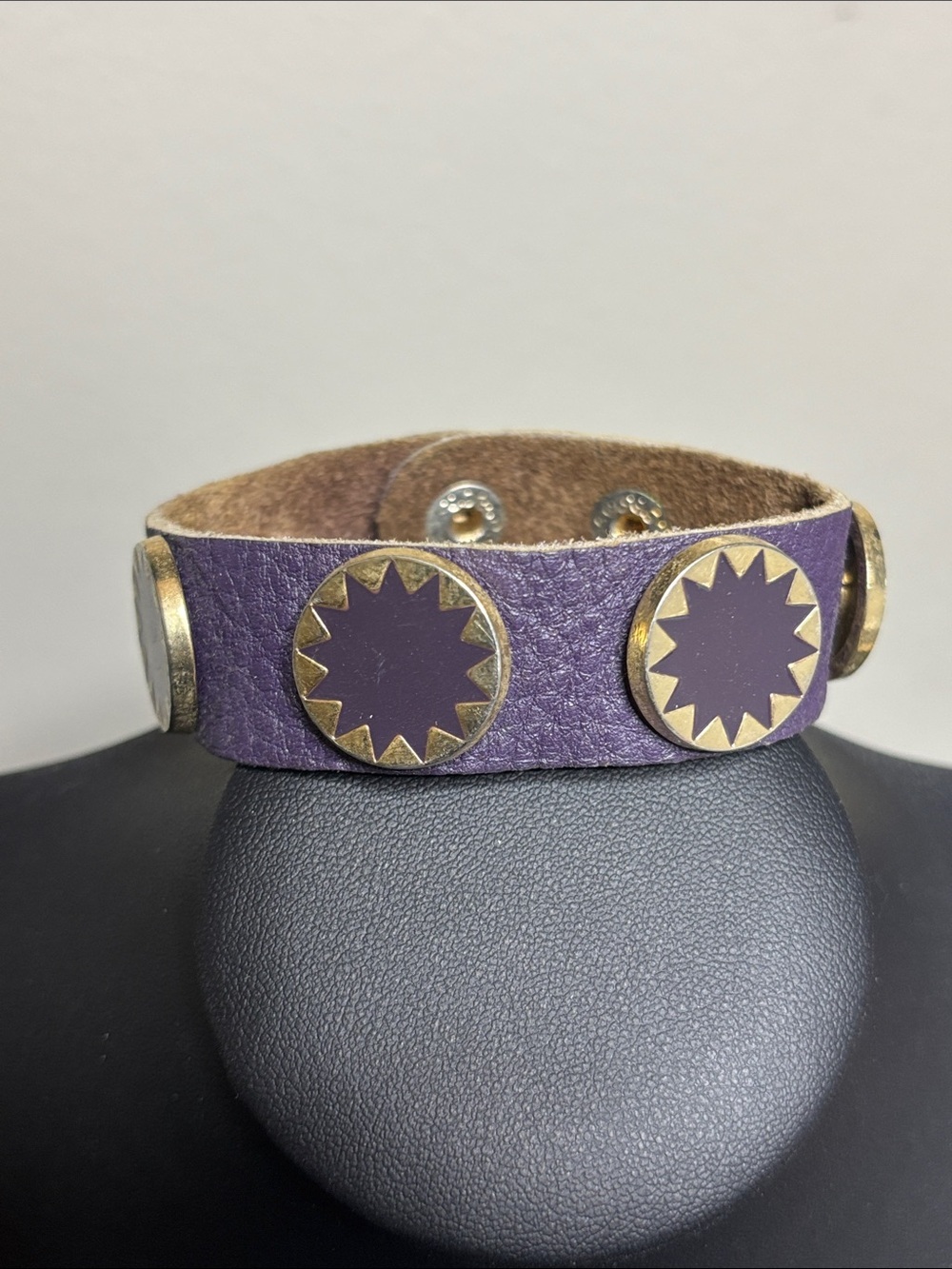 Boho Festival Purple Leather Snap Cuff with Gold Sunburst Discs